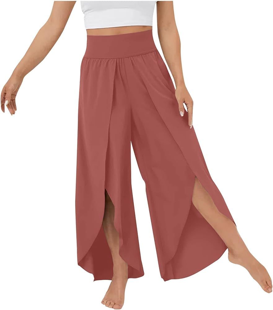 Women's Pants Wide Leg Palazzo Yoga Pants High Waisted Flowy Split Baggy Hippie Pilates Pants Plu... | Amazon (US)