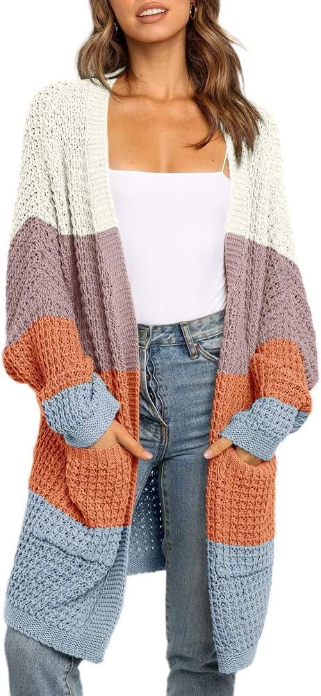 imesrun Womens Batwing Sleeve Long Cardigan Cable Knit Open Front Chunky Sweater Outwear with Poc... | Amazon (US)