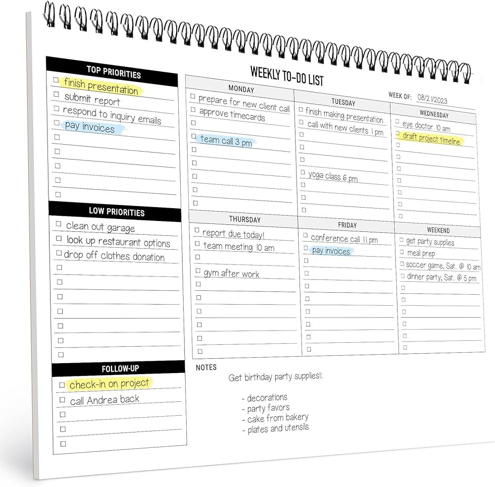 Weekly Planner To Do List Pad - 8.5x11" 52 Sheets Spiral - Desk Notepad with Multiple Sections - ... | Amazon (US)