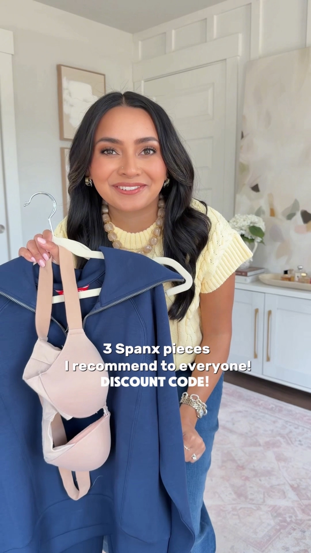 Spanx pieces that I tell everyone about!
For reference: I’m 5’0, petite, 32b bra size, and 2/26 in bottoms, pear shaped. 
*Everything I share is unaltered! TTS means true to size. Between size 5-6.5 in shoes

Yellow top size xs TTS
Flare jeans size xs petite TTS
Clear heels size 5 TTS

Bra size 32 b TTS


Navy pull over size xs TTS
Navy pants size xs petite TTS
White tee size xs petite TTS

#LTKPetite #LTKgrwm #LTKSpringSale