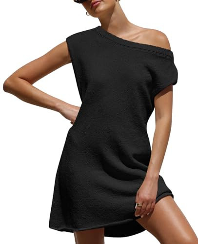 Wenrine Womens Off The Shoulder Summer Dress Casual Crewneck Sleeveless Loose Fit Knit Beach Mini Dresses Black | Amazon (US)