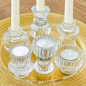 Kate Aspen Dual Sided Vintage Ribbed Glass Clear Candlestick Holders, Pillar Candle, Reversible T... | Amazon (US)