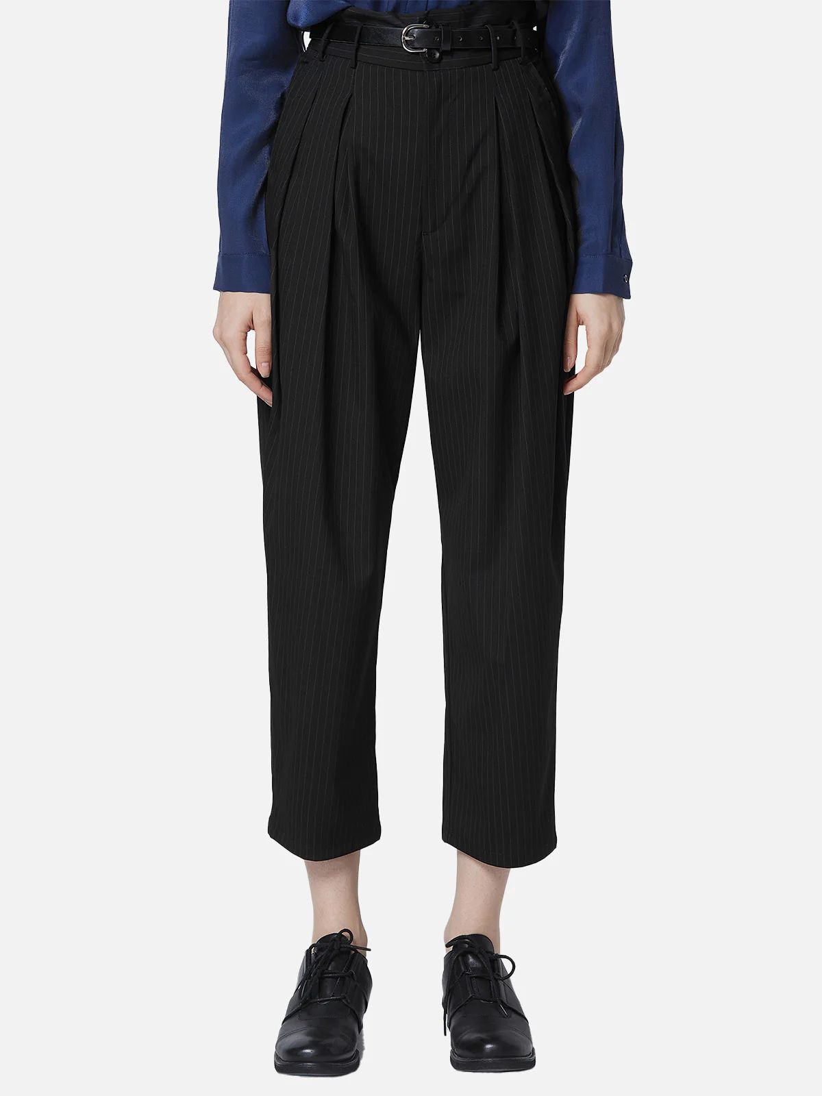 Striped Pleated High-Waist Commuter Trousers With Belt | SDEER