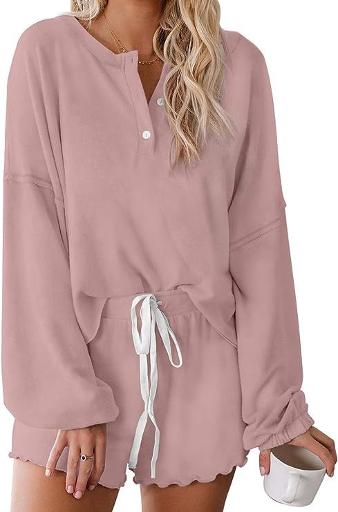 ROSKIKI Women's Solid Pajamas Set Long Sleeve Tops with Shorts Lounge Set Nightwear | Amazon (US)