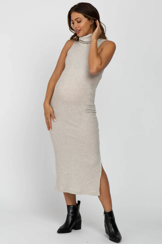 Beige Ribbed Turtleneck Fitted Midi Maternity Dress | PinkBlush Maternity