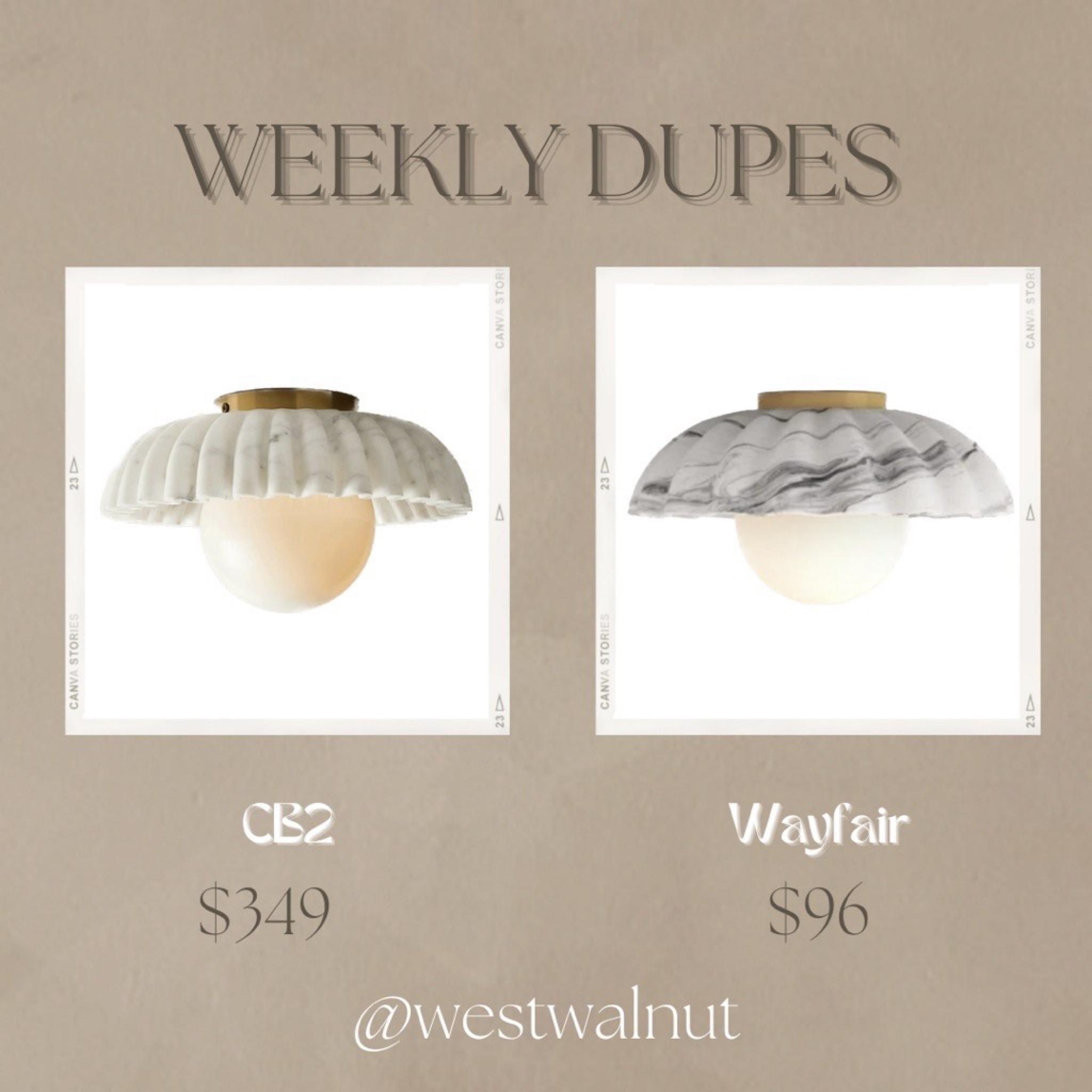 Modern Marbled Flush Mount Light Dupe

Two unique fluted marble flush Mount lights with a brassy touch and milky globe light at two different price points.

On the left is the Ariel Fluted Marble Flush Mount Light from CB2. It is dimmable and made of marble, stainless steel and glass. Professional hardwiring installation is recommended.

Dimensions: 12"W × 12"D x 9.5"H

On the right is the Irene Glass Flush Mount from Wayfair. The description mentions this light is made of metal, ceramic, iron and glass. It is dimmable and suitable for dry locations.

Dimensions: 12"W × 12"D x 7.5”H

#flushmount #lightfixture #lightdupe #marblelight #modernlight #moderndupe

#LTKhome