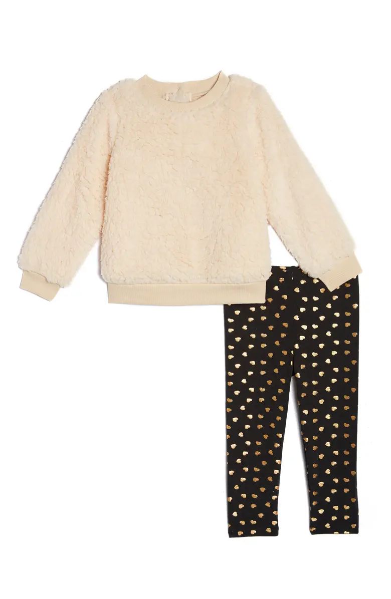 Pippa & Julie Faux Shearling Sweatshirt & Metallic Hearts Leggings Set (Baby) | Nordstrom | Nordstrom