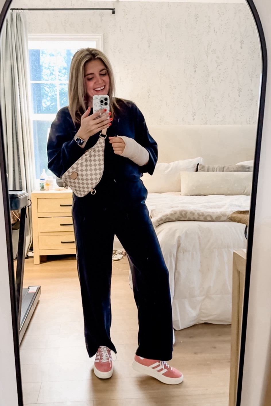 Get ready with me for my arm surgery follow up appointment. Lululemon soft stream look for less set. In a large in both. Fit tts but size up in between. Checkered belt bag, adidas pink sneakers. 

#LTKmidsize #LTKbeauty
