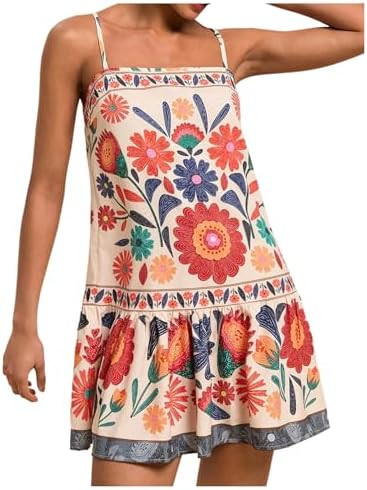 Floerns Women's Sleeveless Cami Dress Floral Flounce Hem Summer Short Dresses | Amazon (US)