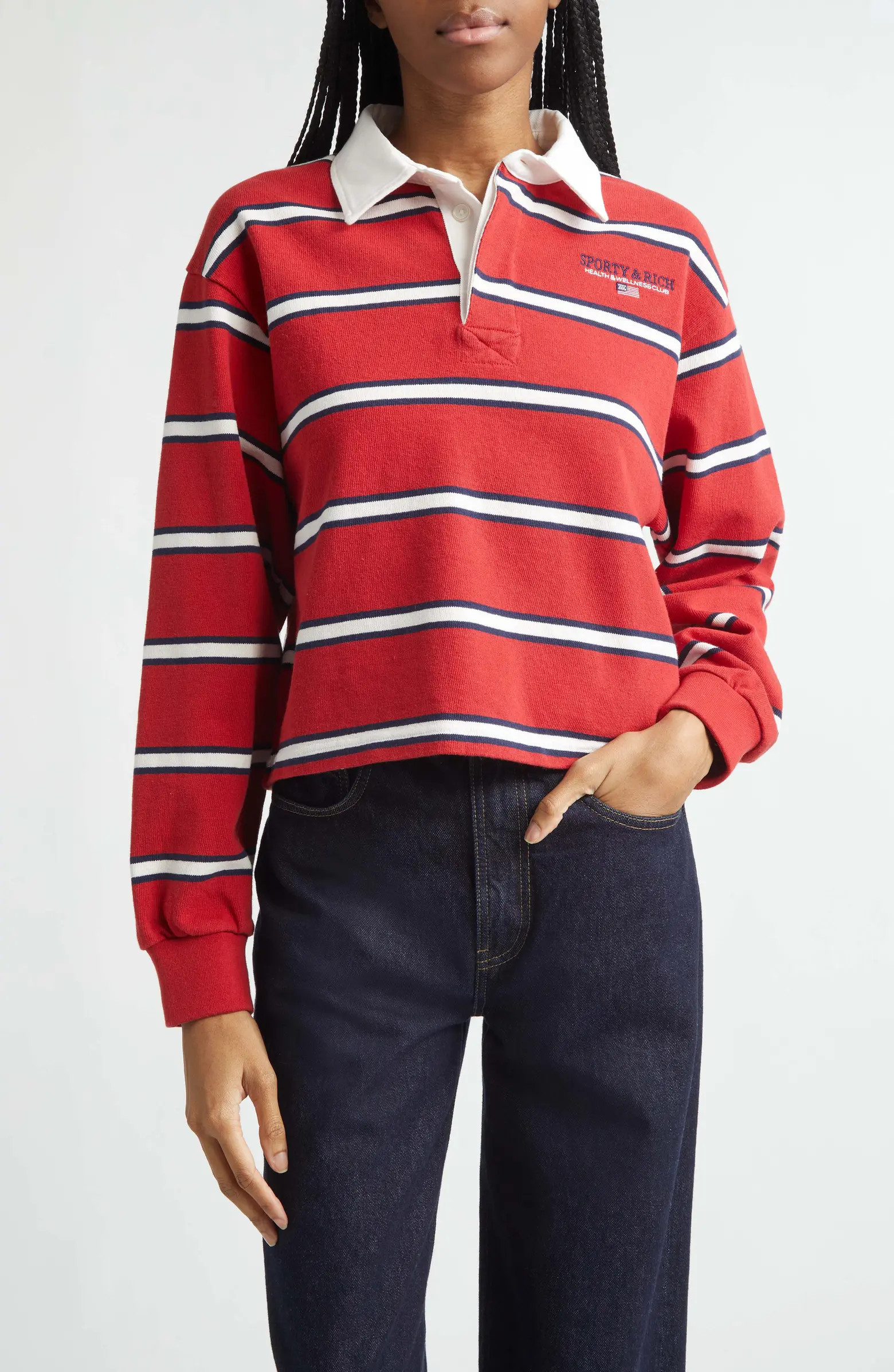 Nautical Embroidered Stripe Crop Rugby Polo | Nordstrom