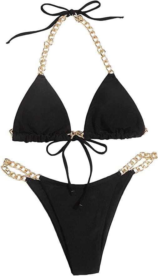 MakeMeChic Women's Chain Linked Triangle High Cut Thong Bikini Swimsuit | Amazon (US)