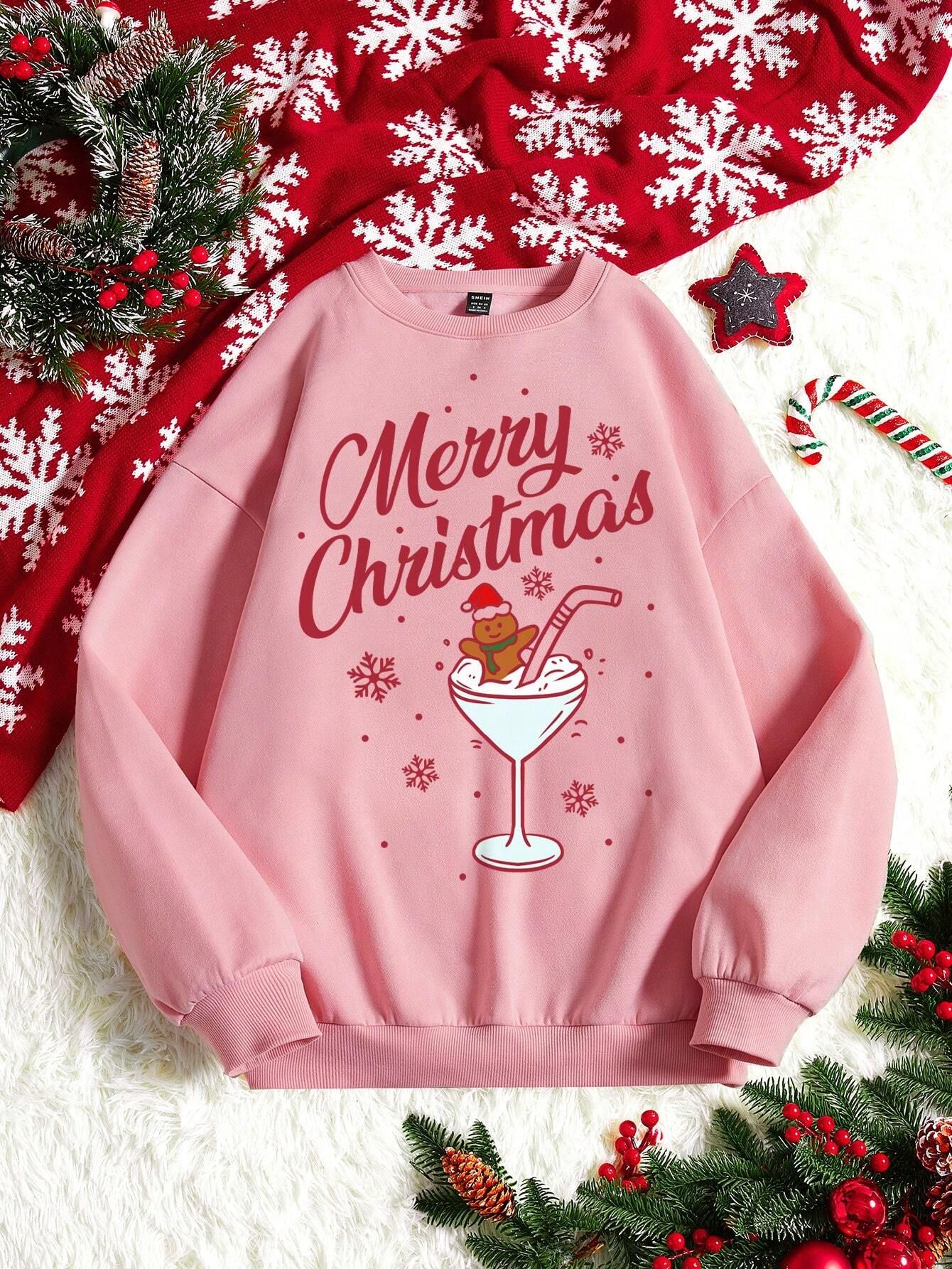 SHEIN Essnce Christmas Print Drop Shoulder Sweatshirt Without Blouse | SHEIN