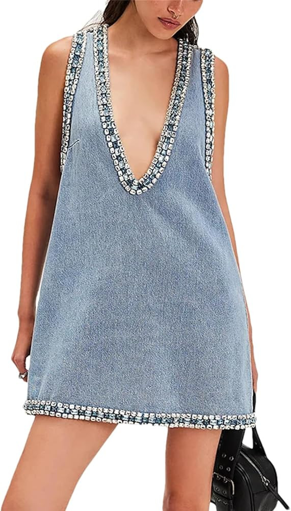 Women’s V-Neck Denim Patchwork Mini Dress, Sleeveless High Waist Streetwear Slimming Summer Cas... | Amazon (US)