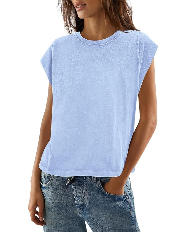 ReachMe Womens Oversized Acid Wash Tshirts Crew Neck Cap Sleeve Casual Tops Vintage Summer Shirts | Amazon (US)