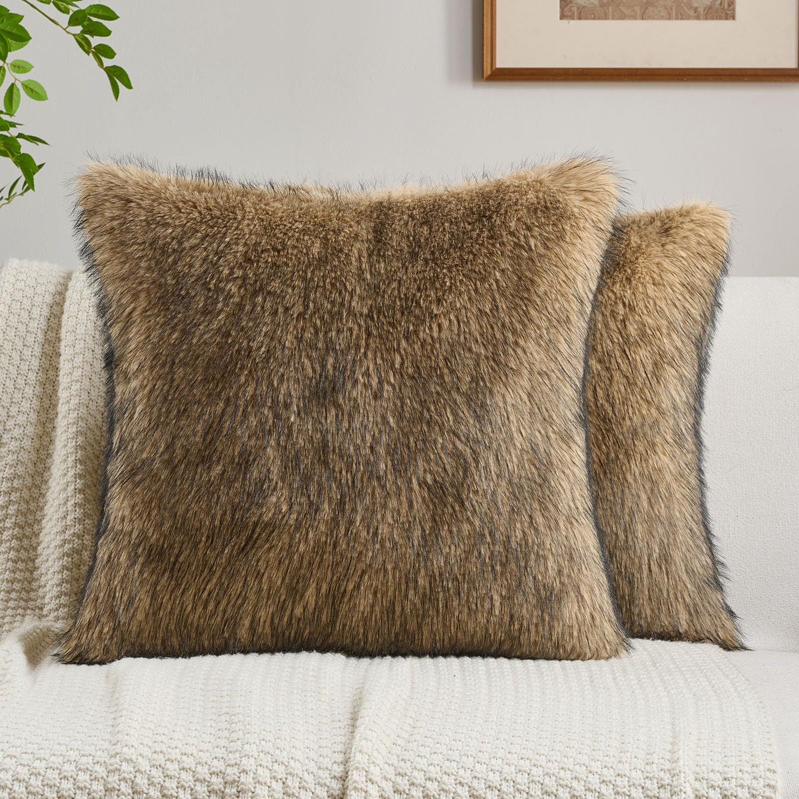 FUTEI Tawny Decorative Throw Pillow Covers 18x18 Inch Set of 2,Soft Faux Raccoon Fur Textured Cus... | Amazon (US)