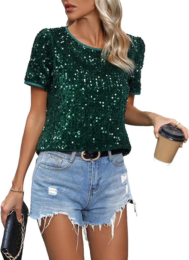 SweatyRocks Women's Short Puff Sleeve Round Neck Blouse Party Sequins Top Clubwear | Amazon (US)