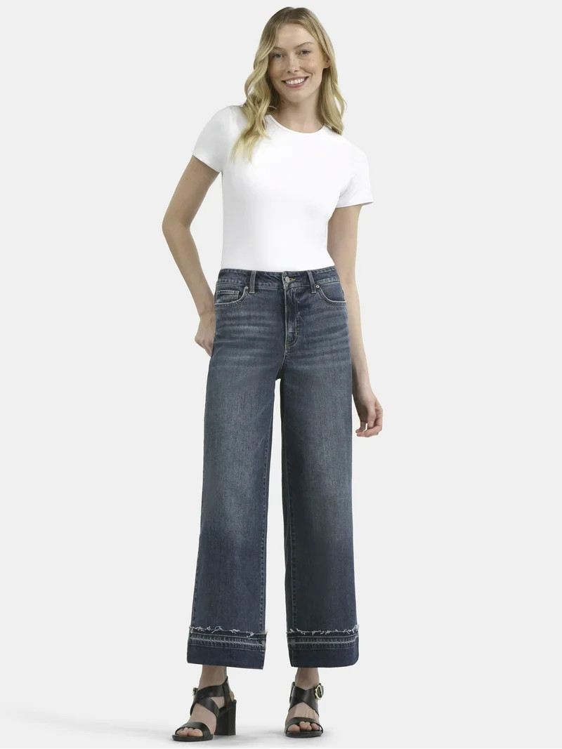Time and Tru Women's and Women’s Plus High Rise Wide Leg Jeans with Frayed Cuffs, Sizes 2-28 | Walmart (US)