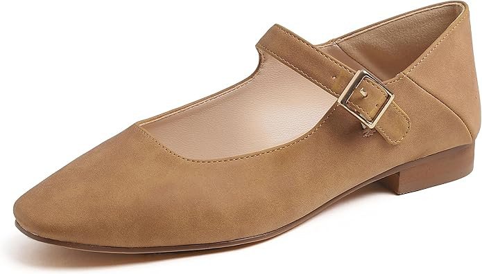 FEVERSOLE Women's Mary Jane Fashion Square Toe Easy Buckle Low Heel Slip On Flats | Amazon (US)