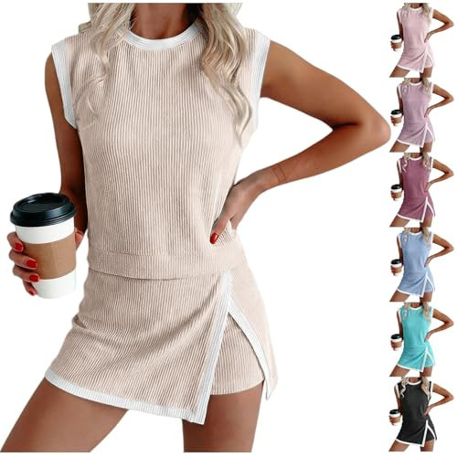 KVOTUU Short Sets Women 2 Piece Outfits Summer Ribbed Tank Top and Split Lined Skirt Two Pieces Lounge Matching Set Sweatsuit | Amazon (US)