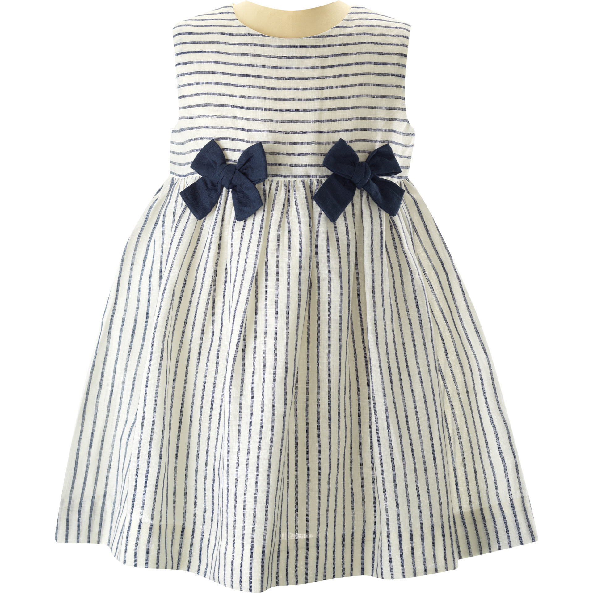 Striped Linen Bow Gathered Skirt Dress, Navy | Maisonette