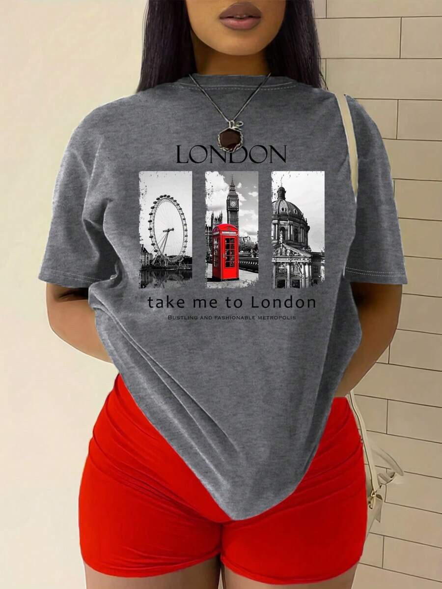 Slaydiva Round Neck Short Sleeve T-Shirt With Letter And Landscape Print For Summer Casual Wear T... | SHEIN