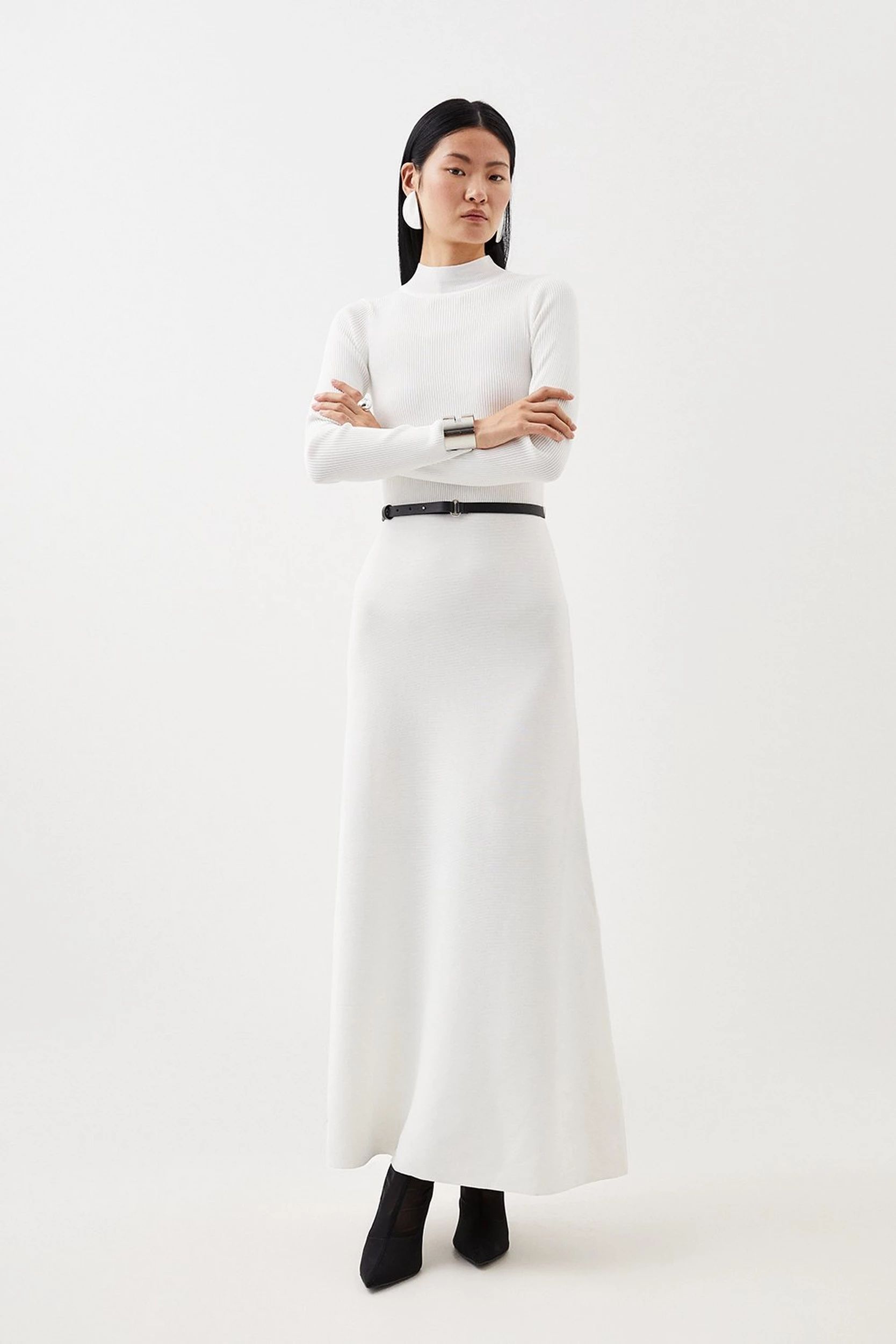Viscose Blend Rib Knit Belted Midi Dress | Karen Millen US