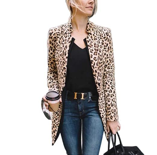 Women Long Sleeve Leopard Print Cardigan Open Front Long Blazer Casual Outwear Coat Jacket | Amazon (US)