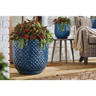 Preston Large Blue Ceramic Planter with Attached Saucer and Drainage Holes (18 in.​ L x 18 in.... | The Home Depot