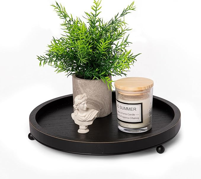 GENMOUS 12in Decorative Tray for Home Decor - Black Wood Iron Bead Tray, Round Tray for Coffee Ta... | Amazon (US)