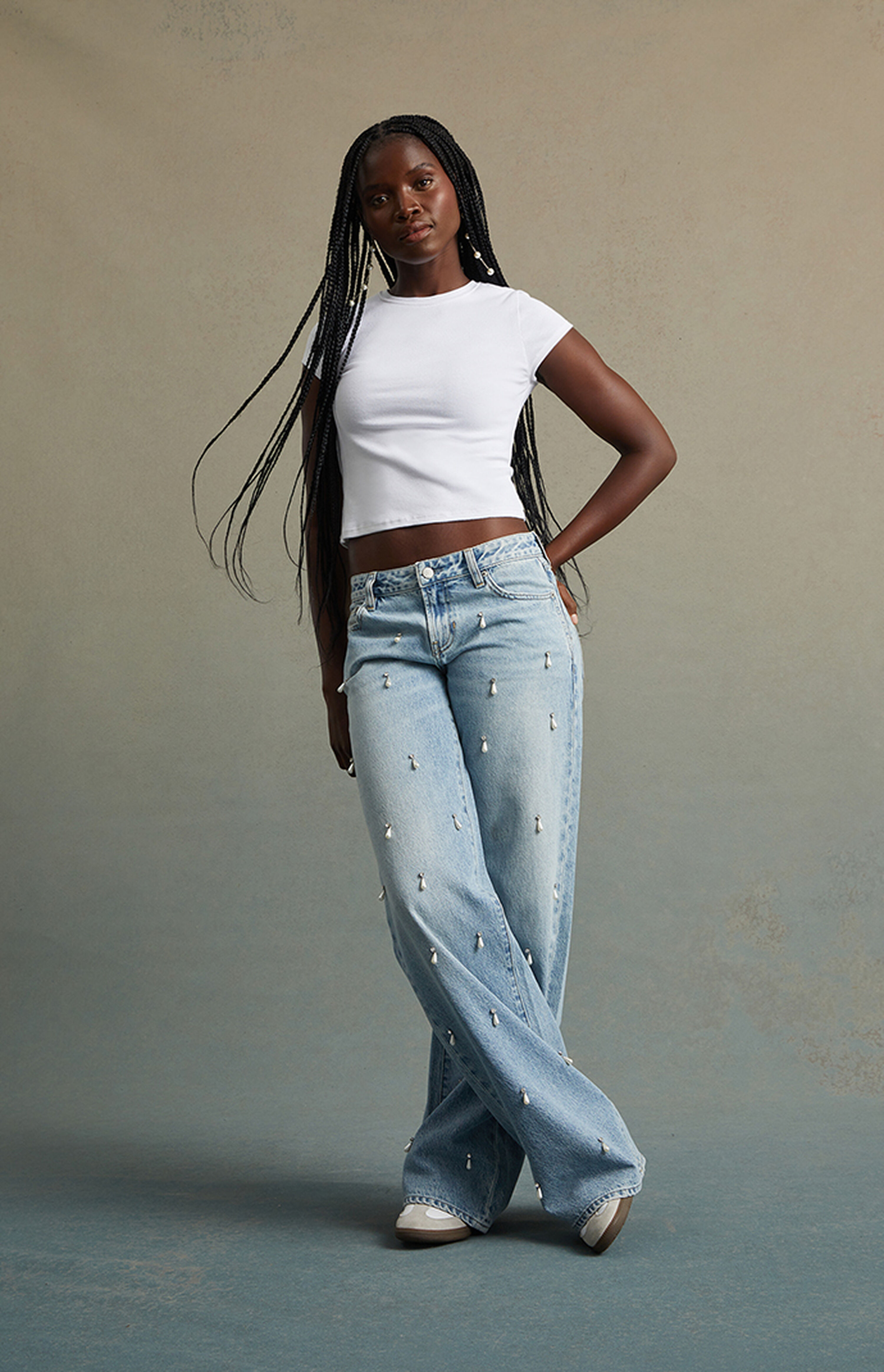 RARE DNM EDIT Light Indigo Pearl & Rhinestone Low Rise Baggy Jeans | PacSun