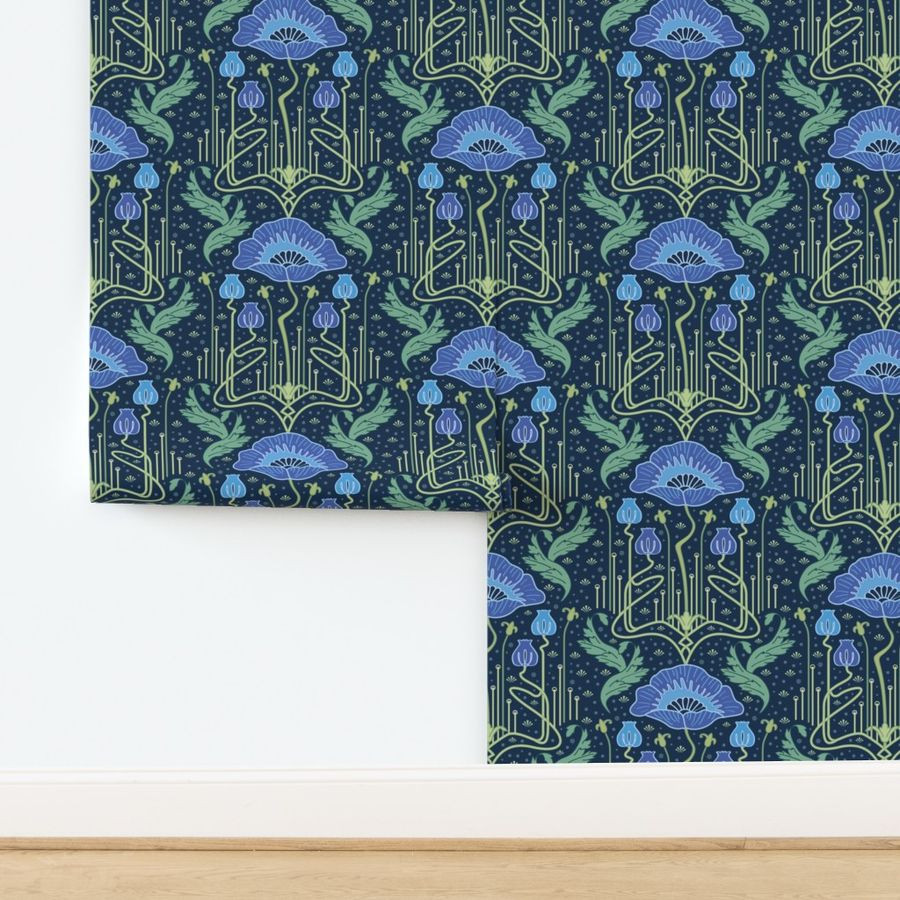 art nouveau poppy blue wallpaper | Spoonflower