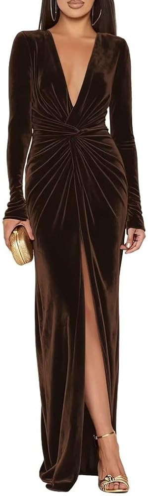 CuteMe V Neck Velvet Dress for Bridesmaids Ruched High Slit Long Sleeve Formal Party Dresses CC00... | Amazon (US)
