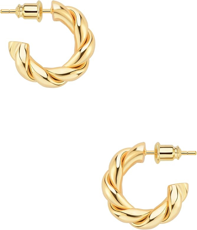 Wowshow Gold Hoop Earrings 14k Gold Plated Twisted Rope Round Chunky Hoop Earrings Gift for Women | Amazon (US)