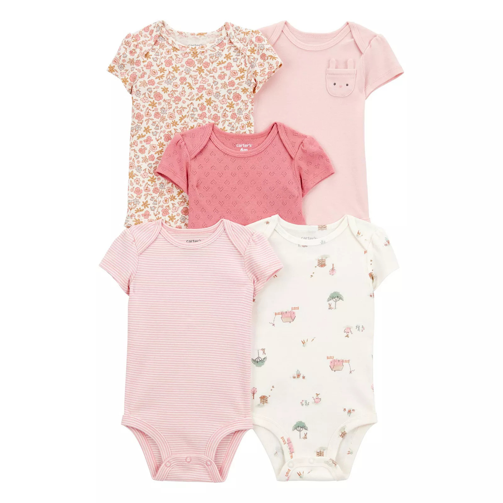 Baby Girl Carter's 5-pk. Floral Bunny Short Sleeve Bodysuit Set, Girl's, Size: Newborn, Pink Bunny | Kohl's