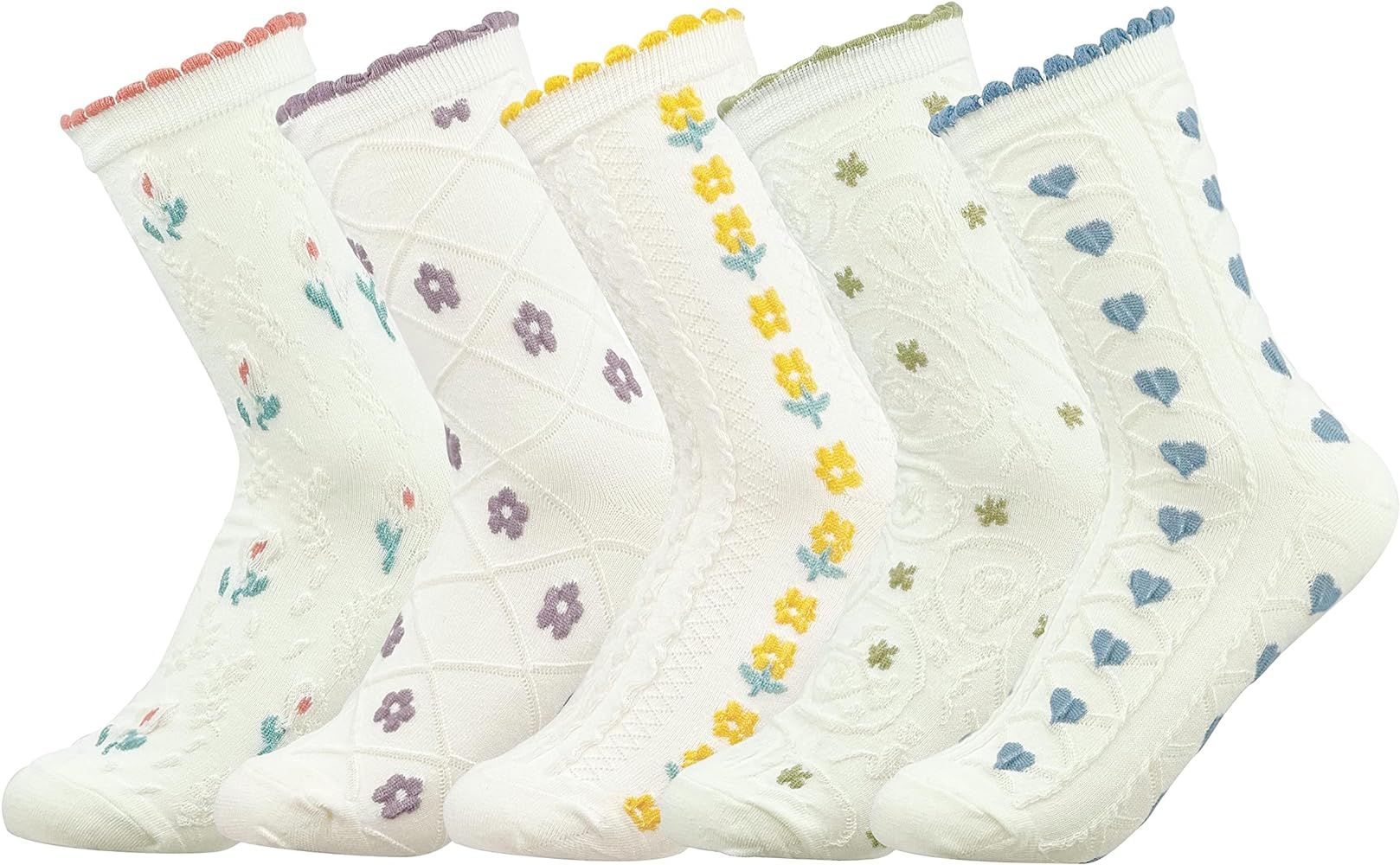Kimkshine Womens Crew Socks Casual Cotton Cute Frilly Socks Fun Novelty Thin Dress Floral Socks F... | Amazon (US)