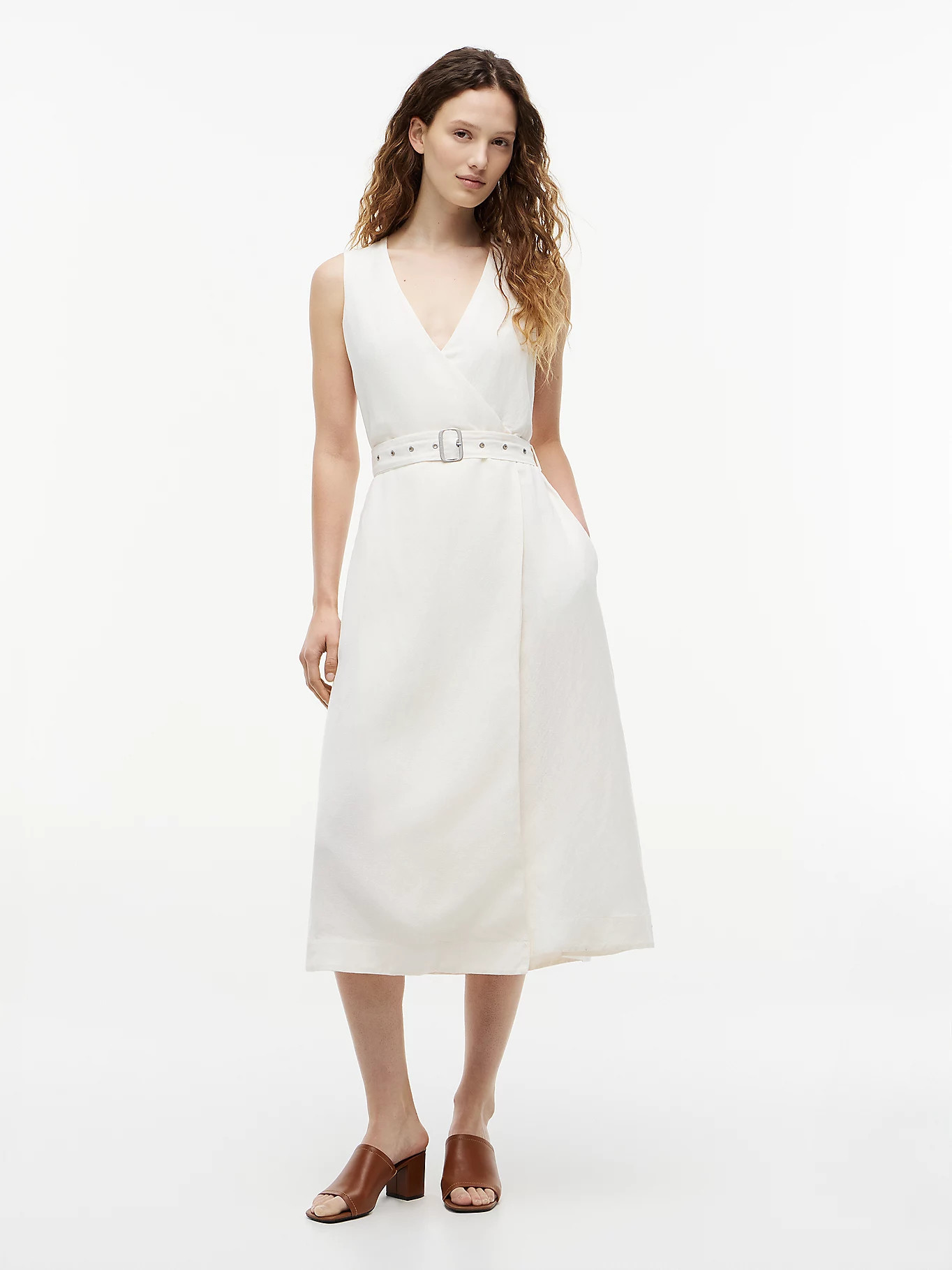 Belted Linen Blend Sleeveless Wrap Midi Dress | White | Tommy Hilfiger | Tommy Hilfiger UK
