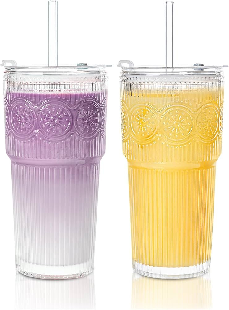 20oz Ribbed & Floral Glass Tumbler Set of 2 – Reusable Glass Cups with Lid and Glass Straw, To-... | Amazon (US)