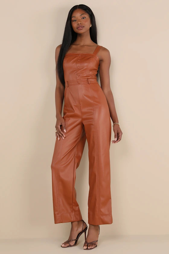 Trendiest Cutie Brown Vegan Leather Straight Leg Jumpsuit | Lulus