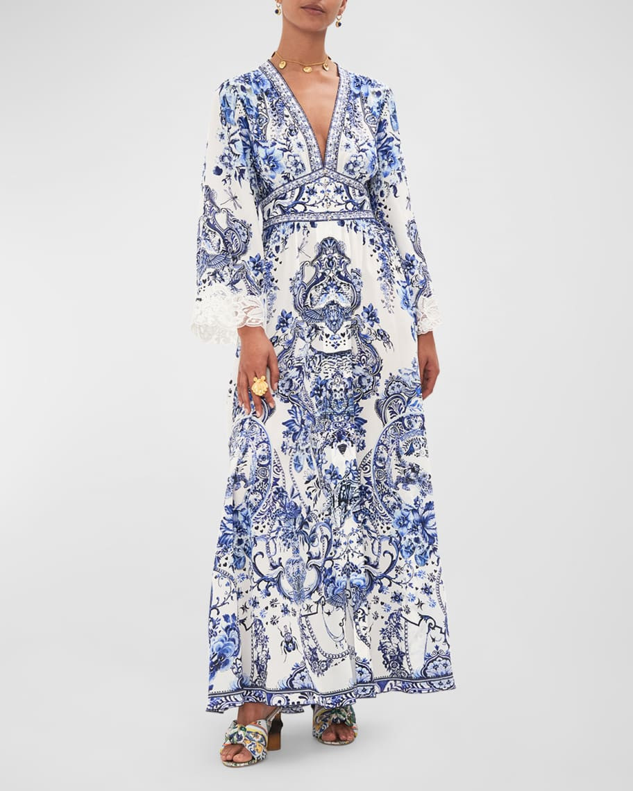 Camilla Kimono-Sleeve Silk Crepe Maxi Dress | Neiman Marcus