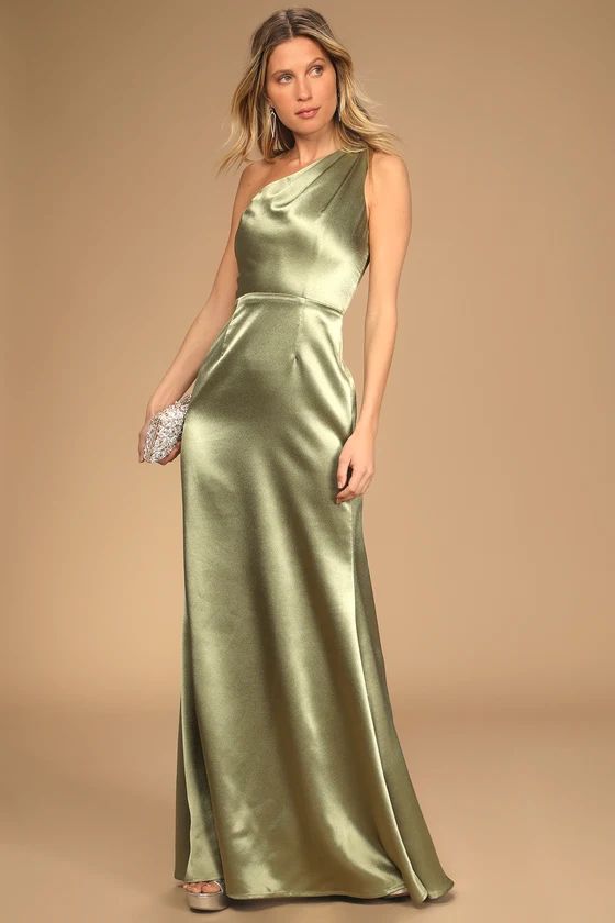 On The Guest List Sage Green Satin One-Shoulder Maxi Dress | Lulus