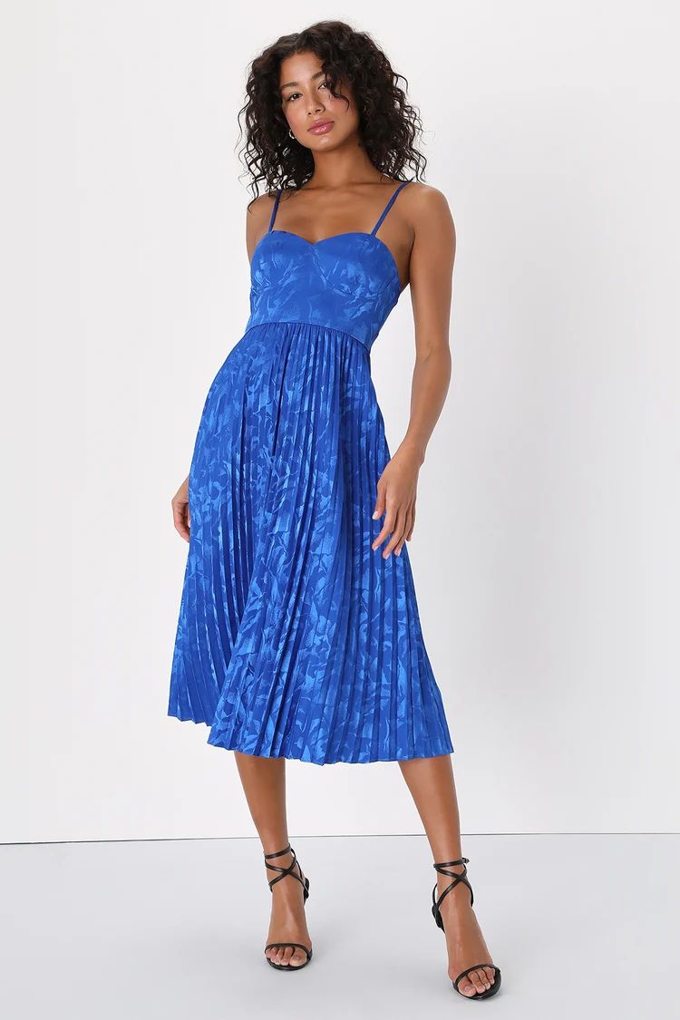 Chic Sensibility Cobalt Blue Satin Jacquard Pleated Midi Dress | Lulus