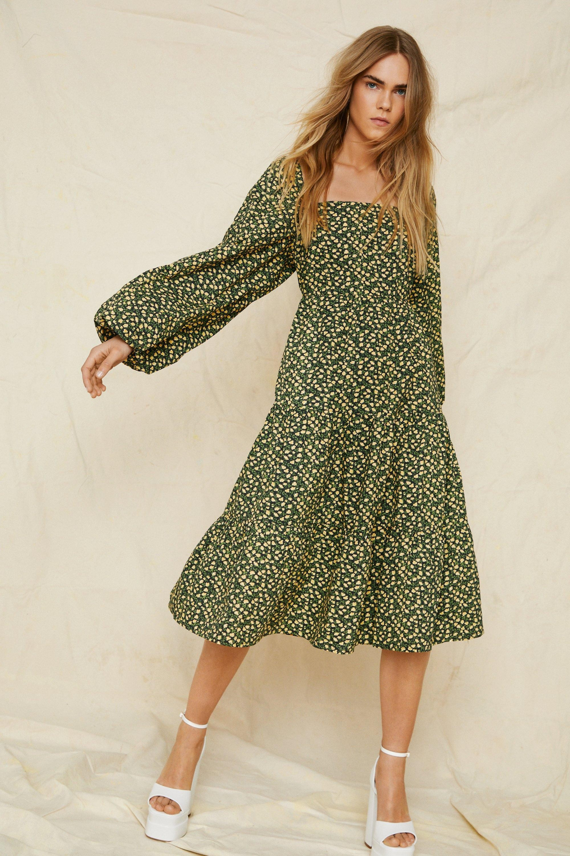 Cotton Floral Printed Midi Smock Dress | Nasty Gal (US)