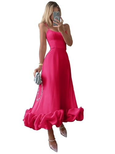Bedlover Tea Length Satin Prom Dresses Scoop Neck Sleeveless Flounce Ruffle Fuchsia Midi A-line Lacing Formal Evening Party Gowns for Women US14 | Amazon (US)