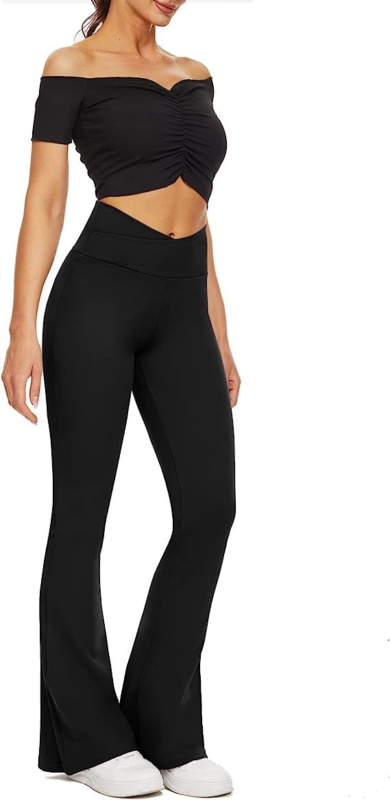 ZOOSIXX Flare Yoga Pants for Women, Bootcut High Waisted Black Crossover Leggings | Amazon (US)