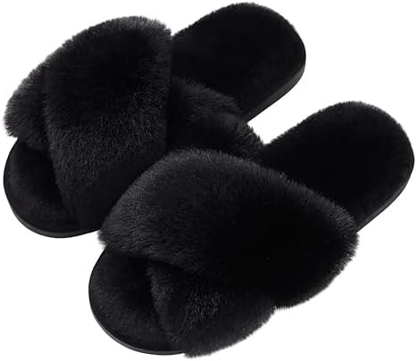 Evshine Women's Fuzzy Slippers Cross Band Memory Foam House Slippers Open Toe | Amazon (US)