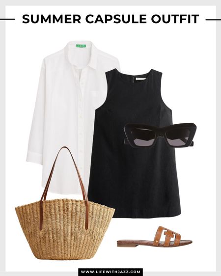 Summer capsule outfit with a black linen dress ☀️

White button up  / black linen dress / straw tote / sunglasses / sandals / casual / summer style / bump-friendly / J.Crew / Sam Edelman / Loewe 

#LTKStyleTip #LTKSeasonal