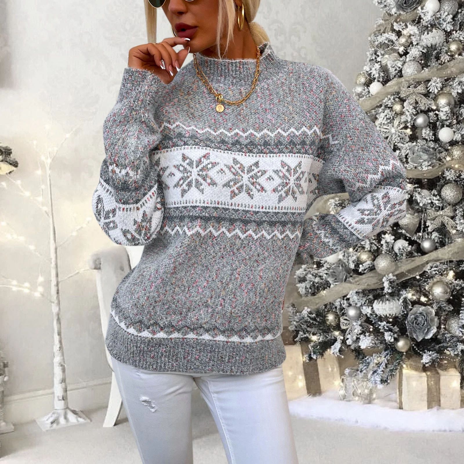 Labakihah sweaters for women Women's Christmas Snowflake Sweater Turtleneck Vintage Holiday Knit ... | Walmart (US)