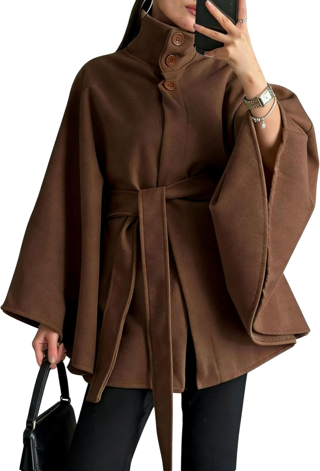 Womens Batwing Sleeve Poncho Pea Coats Wool Blend Cape Coat Oversized Belted Stand Collar Trench Outerwear | Amazon (US)