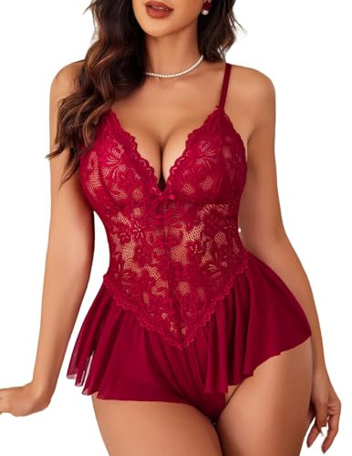 Avidlove Teddy Lingerie for Women Wine Red Lingerie Bodysuit One Piece Babydoll Chemise Sexy Nighty Sleepwear | Amazon (US)