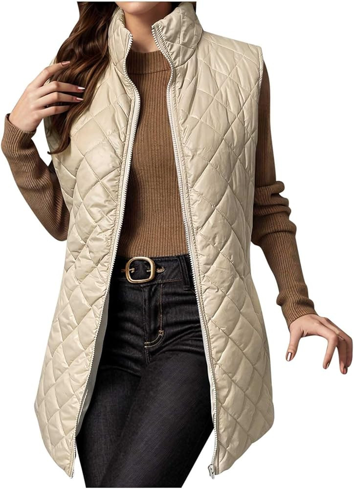 Womens Long Puffer Vest 2024 Sleeveless Zip Up Vest Long Winter Vest Quilted Down Coat Lightweigh... | Amazon (US)